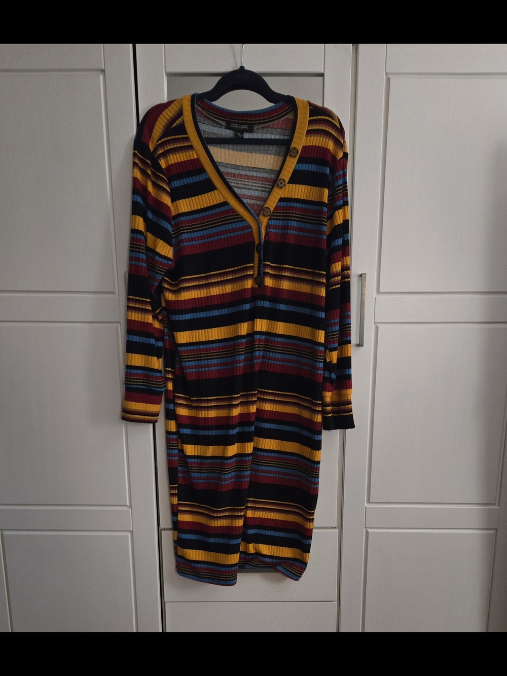 Striped V-Neck Button Front Dress in Mustard Multi